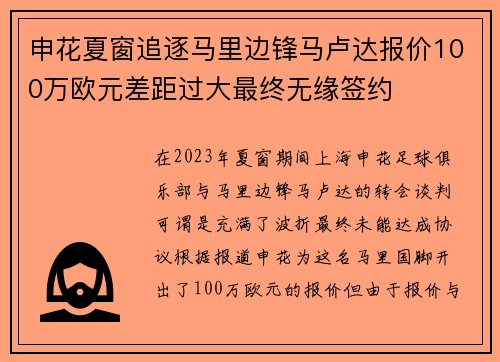 申花夏窗追逐马里边锋马卢达报价100万欧元差距过大最终无缘签约
