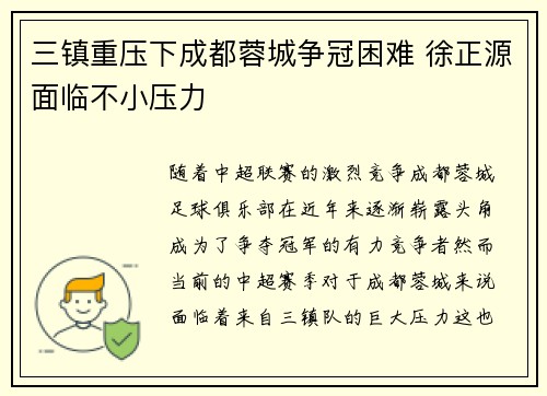 三镇重压下成都蓉城争冠困难 徐正源面临不小压力