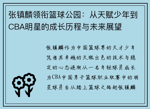 张镇麟领衔篮球公园：从天赋少年到CBA明星的成长历程与未来展望